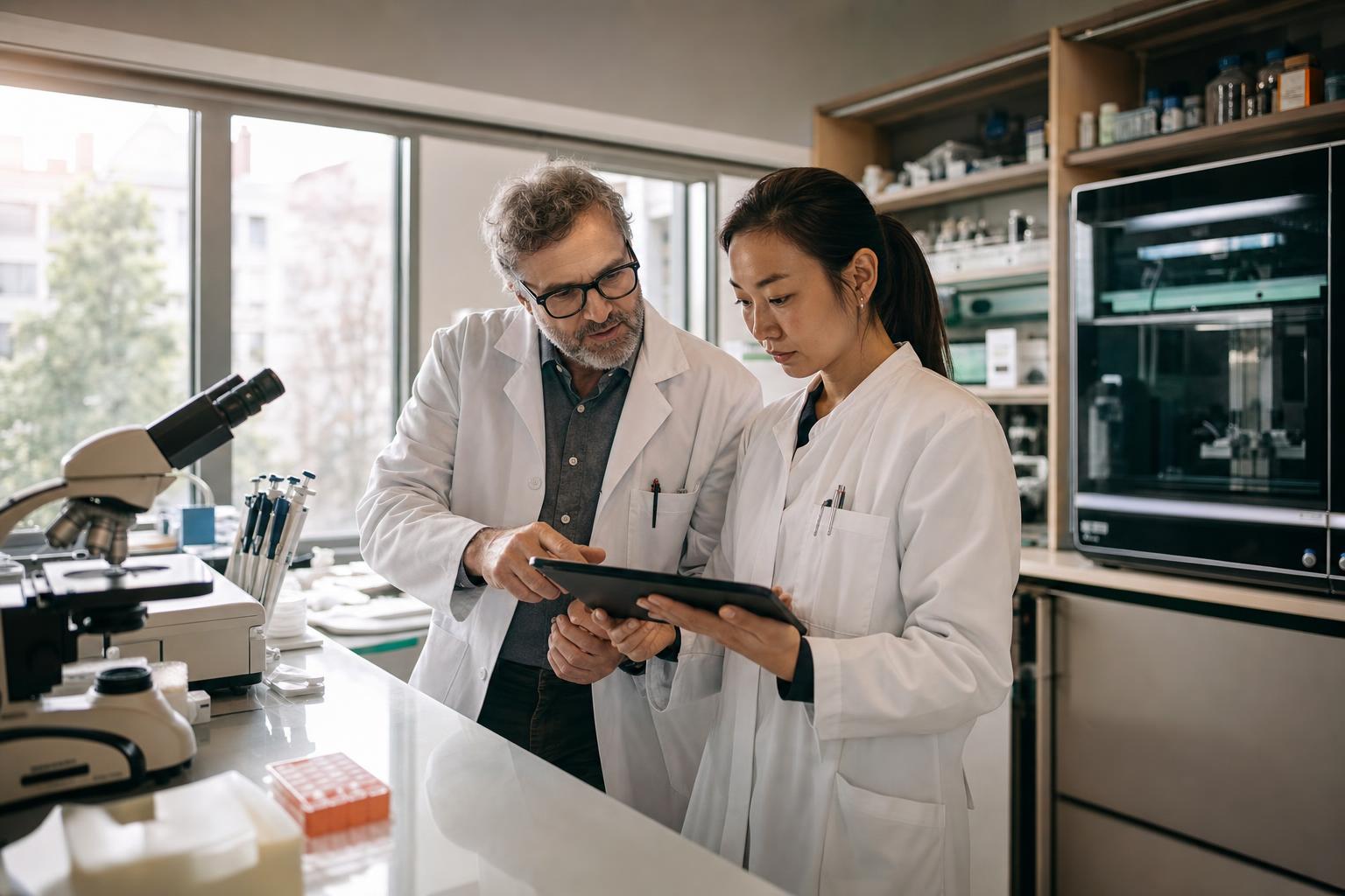 Professionisti di laboratorio esaminano insieme risultati su un tablet