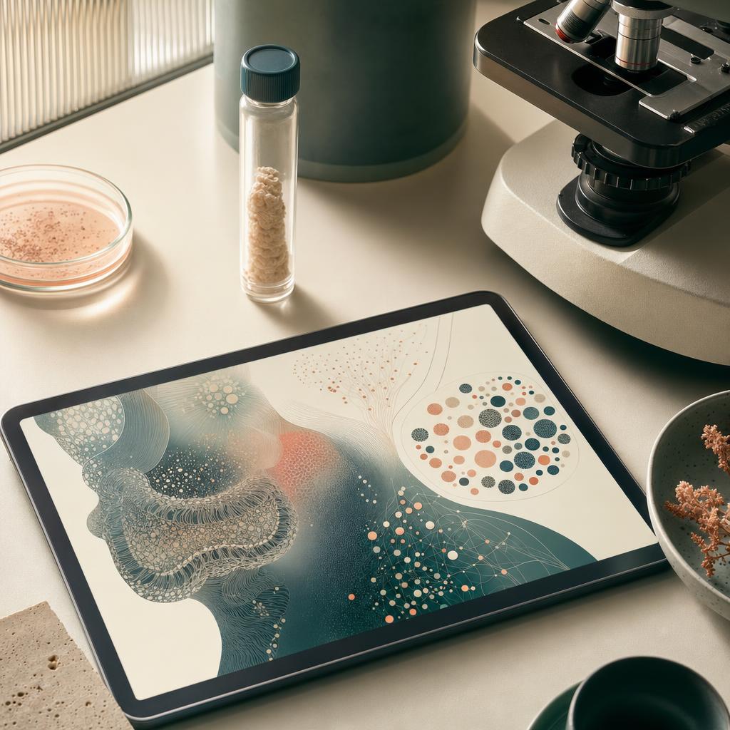 Strumenti di laboratorio e visualizzazione dei dati del microbiota su tablet
